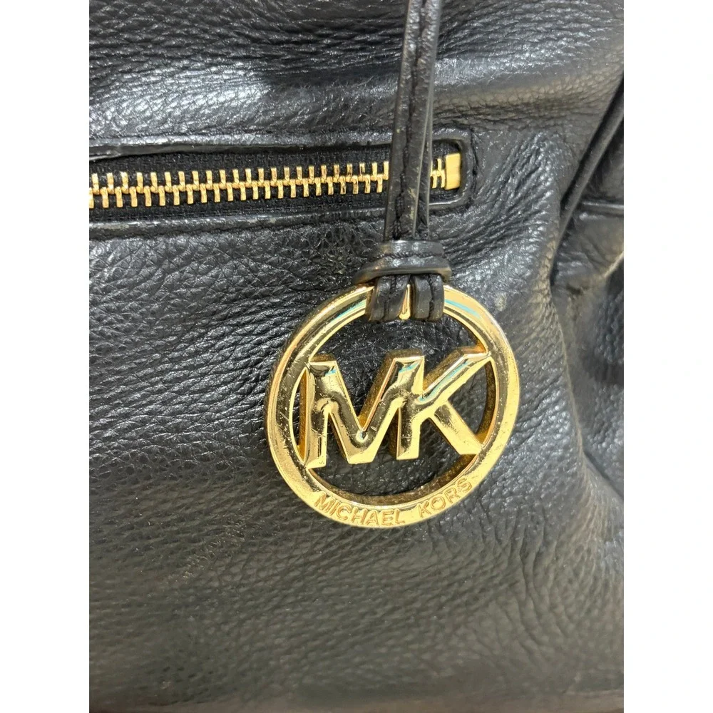 Michael Kors Carine Black Pebbled Leather Satchel Crossbody Bag Gold Charm